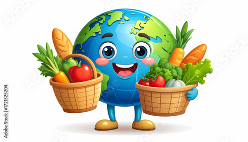 Happy Earth Cartoon Character Holding Baskets of Fresh Vegetables for a Healthy Planet