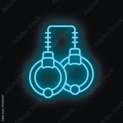 Glowing blue neon sign representing gymnastic rings hanging on black wall