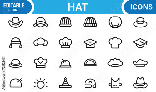 Vector line art icons of hats for fashion accessories and cultural wear.
