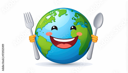 A cheerful blue planet with a happy face holding a fork and spoon, symbolizing global food culture, sustainable eating, and the joy of culinary experiences worldwide