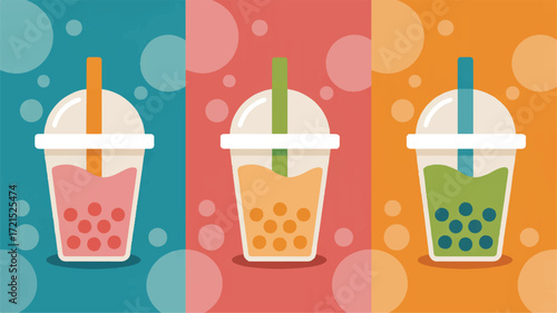 Vector art of three colorful bubble tea drinks with tapioca pearls in a row