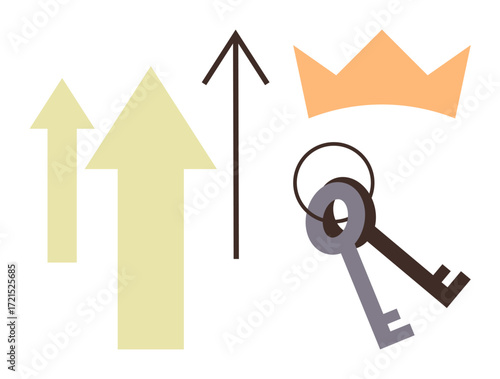 Upward arrows, a set of keys, and a crown convey themes of growth, achievement, leadership, and success. Ideal for progress, opportunity, empowerment ambition personal development goal setting