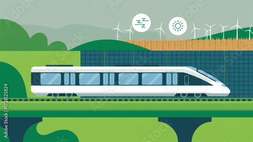 Vector art of modern highspeed train powered by renewable energy sources