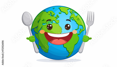 Happy Cartoon Earth Holding a Spoon and Fork, Ready to Eat, Representing Global Food and Sustainability
