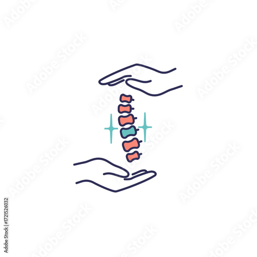 An illustrative icon depicting human hands gently cradling a colorful spine, symbolizing chiropractic care, back health, and spinal wellness in a medical context.