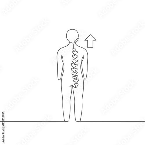 A minimalist continuous line drawing depicts a human back, emphasizing a curved spine with an upward arrow signifying posture correction and improved spinal health.