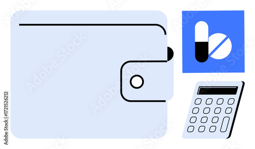 Wallet with clasp, calculator, and pill image. Ideal for healthcare cost, budgeting, personal finance, savings, financial planning expense tracking and medical coverage. Simple flat metaphor