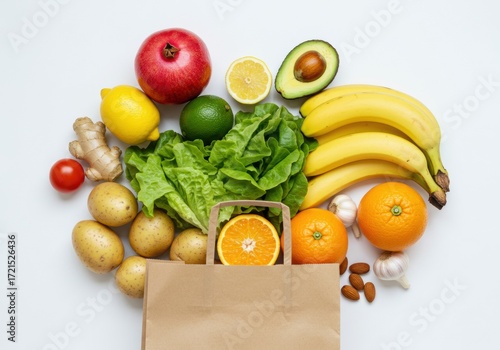 Paper Bag with Fresh Fruits and Vegetables on White Background – Healthy Food Flat Lay