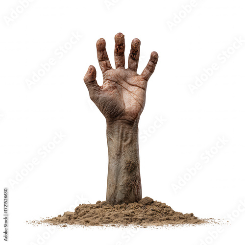 Scary zombie hand and arm covered in dirt rising from ground. creepy and horror concept of undead for halloween, with feeling of terror and fear