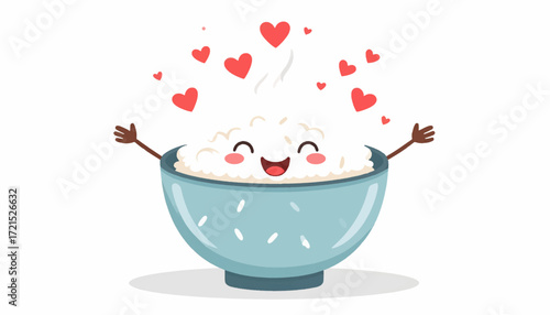 Happy Rice Bowl Character with Hearts for Food and Nutrition Theme