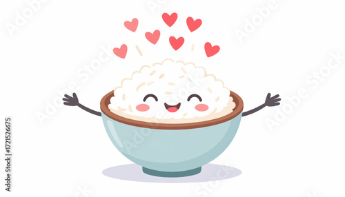 Cute Kawaii Rice Bowl Illustration with Hearts, Representing Love for Food and Comfort