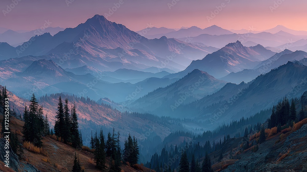 Obraz premium A breathtaking view of layered mountains at dusk, featuring a gradient sky with hues of purple and blue, surrounded by evergreen trees.