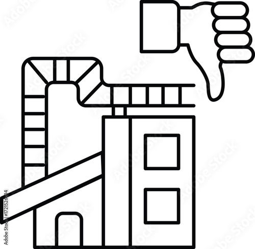 A black and white drawing of a building with a thumbs down on it