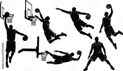 Dynamic basketball player silhouette collection, various action poses of athletes dunking and shooting, black and white vector illustration isolated on white.