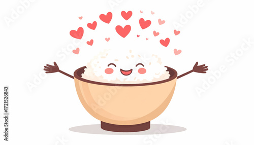 Happy Bowl of Rice with Hearts, Adorable Food Character Illustration