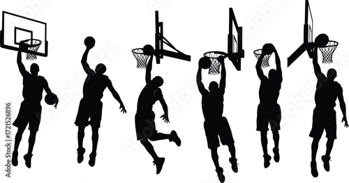 Collection of basketball players in various dunking and shooting poses, black and white vector silhouettes with athletes in dynamic motion, isolated on white background.