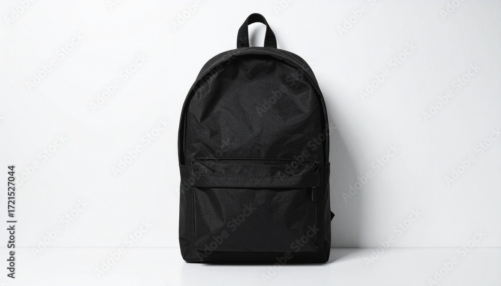 Fototapeta premium Render a sleek black backpack with large main compartment, smaller front pocket, top handle, and nylon texture, isolated on a clean white background to emphasize minimalist design and everyday utility