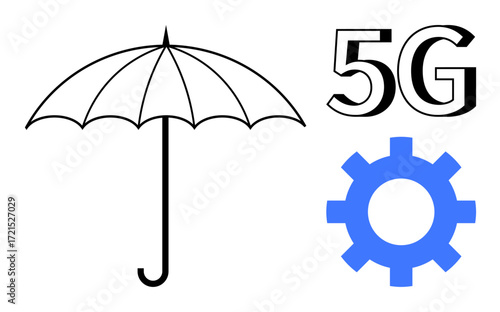 Umbrella, 5G text, blue gear emphasizing concepts thumbs up protection, technology, improvement. Ideal for network, innovation, tech advancement, security future vision connectivity simple flat