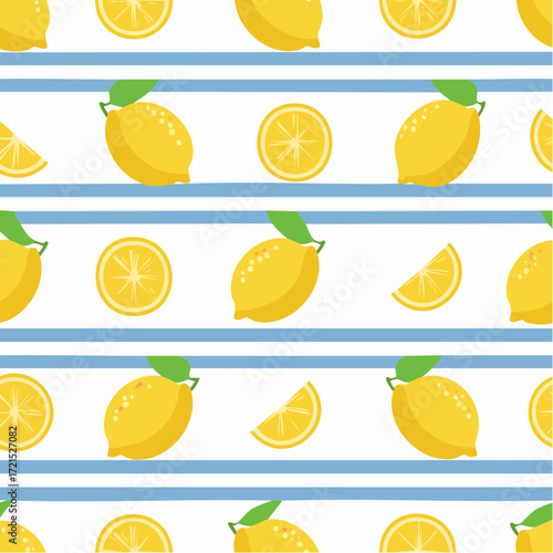 Yellow Lemons and Blue Stripes Pattern