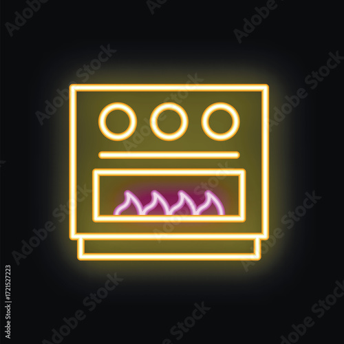 Yellow neon icon of a stove burning with purple flames, great for grabbing attention