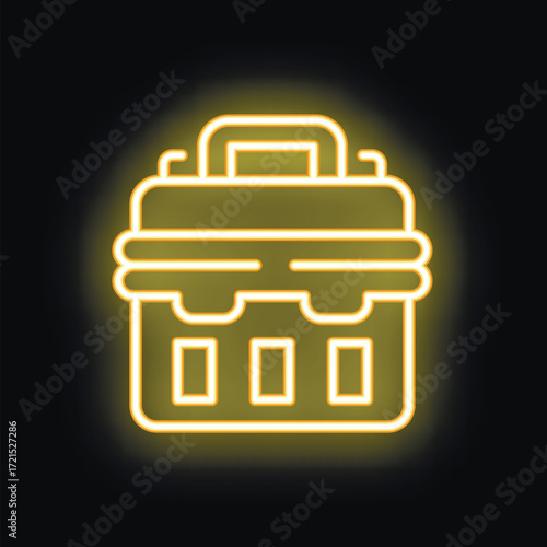 Yellow neon sign of a toolbox glowing on a black background, perfect for concepts such as construction, repair, and diy