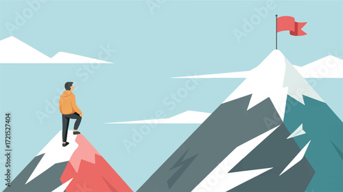 Vector art of man standing on mountain peak looking towards a higher summit with flag