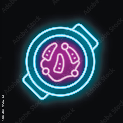 Neon glowing icon of petri dish with growing bacteria for laboratory research of viruses and diseases