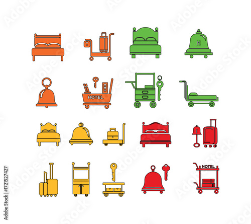 Hotel themed icons featuring beds luggage carts and service bells in various colors on white background, A set of icons for a hotel: a bed, a luggage cart, a hotel bell, a key, and a room service cart