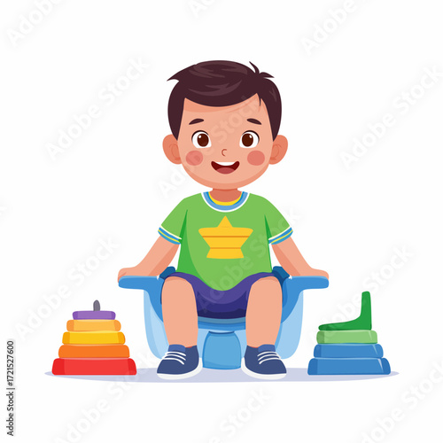 Happy Toddler Boy Sitting on Potty with Stacking Toys
