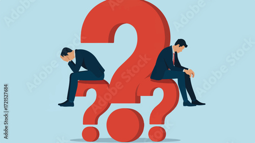 Vector art of two businessmen sitting on a large red question mark, looking stressed
