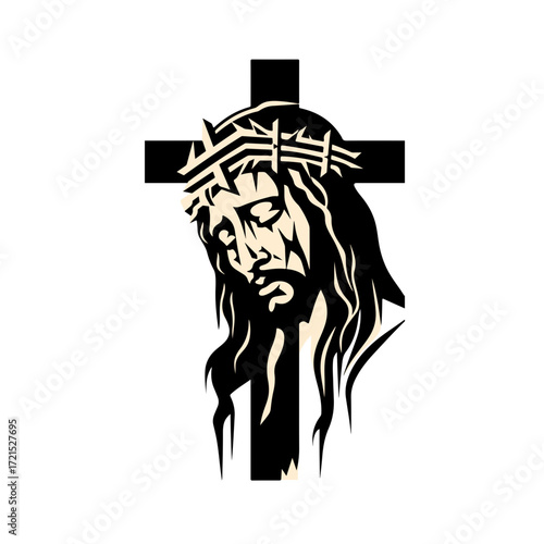 Evocative depiction of Jesus Christ's suffering with a crown of thorns adorning his head, set against a stark cross.