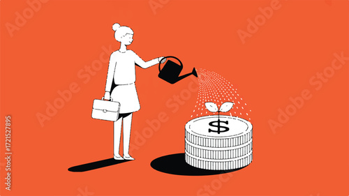 Vector art of woman watering a money coin to grow plants
