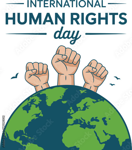 Three raised fists emerge from the Earth, symbolizing unity and the fight for human rights.