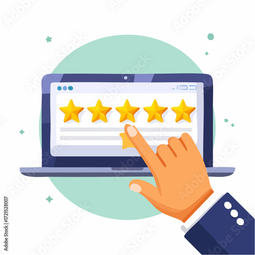 Hand Selecting Five Stars Online Review on Laptop