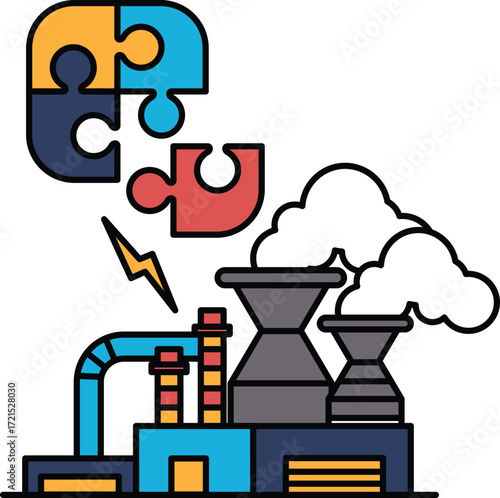 A black and white drawing of a factory with a puzzle piece on top