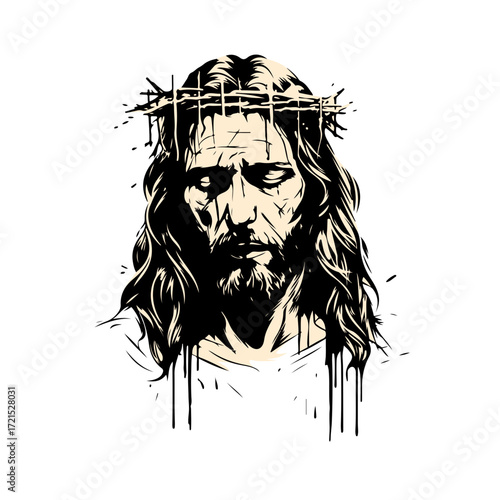 Powerful depiction of Jesus Christ wearing a crown of thorns, conveying deep emotion and spiritual strength for impactful designs.