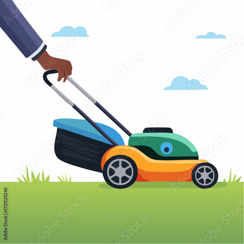 Person Pushing a Lawn Mower on Green Grass