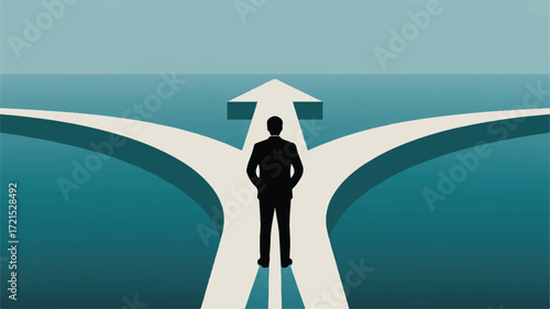 Vector art of man standing at a crossroads, facing a choice of paths