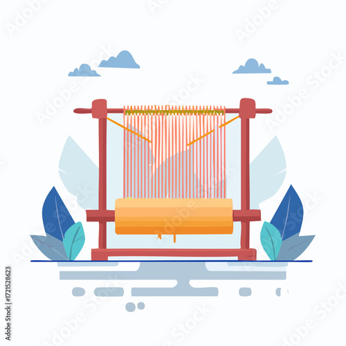 Simple Wooden Loom with Red and Yellow Threads