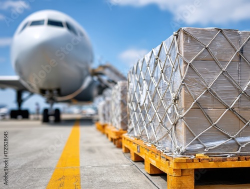 Cargo pallets secured with netting are lined up on an airport tarmac, with a commercial airplane blurred in the background under a blue sky, illustrating global air freight.