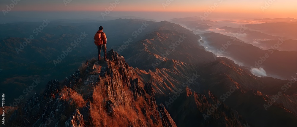 Fototapeta premium Peaceful Sunset Over Mountain Ridge and Rolling Hills