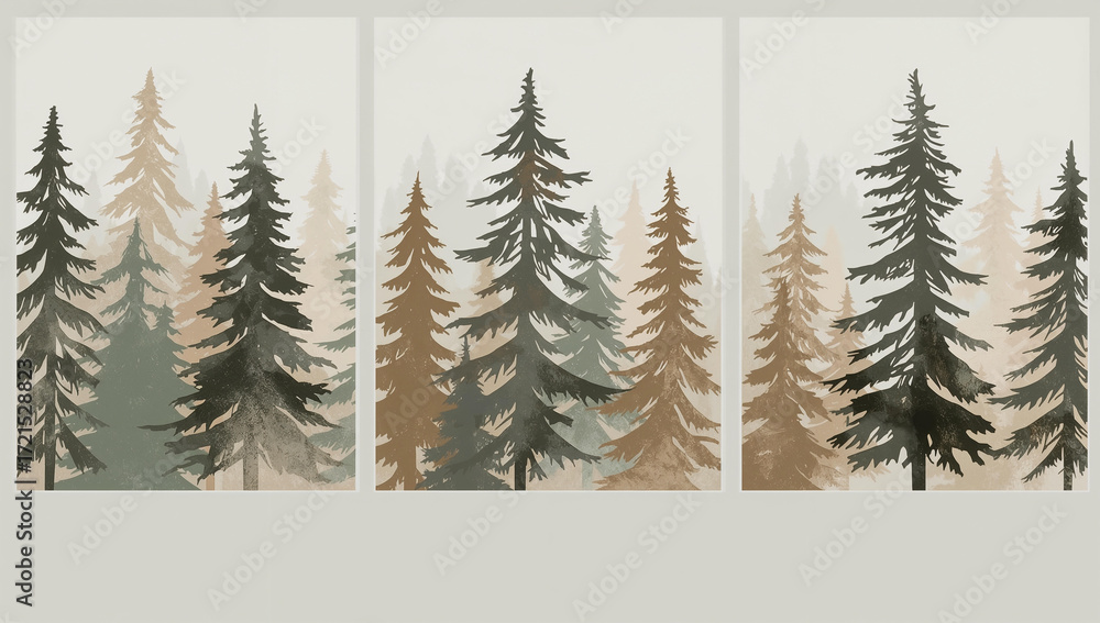 Fototapeta premium Minimalist Scandinavian Forest Landscape Triptych Wall Art