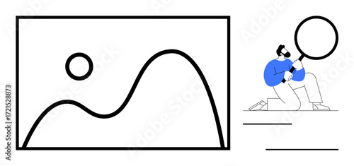 Man using magnifying glass to examine abstract artwork with curves and shapes. Ideal for exploration, analysis, creativity, learning, discovery, research, education. A simple flat metaphor