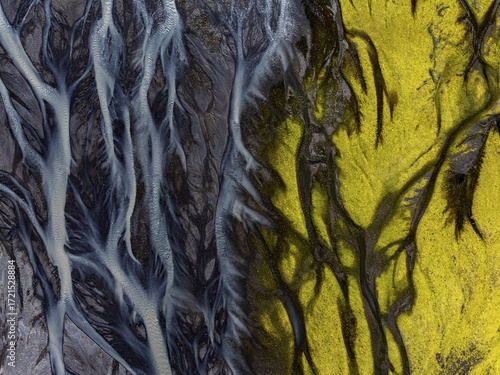 River, river course, river delta, branched, sunny, aerial view, summer, south-east Iceland, Iceland