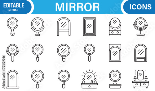 Mirror icons set in editable line art style for interior and beauty design.