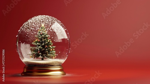 Festive Christmas tree inside a magical snow globe, illuminated against rich red background