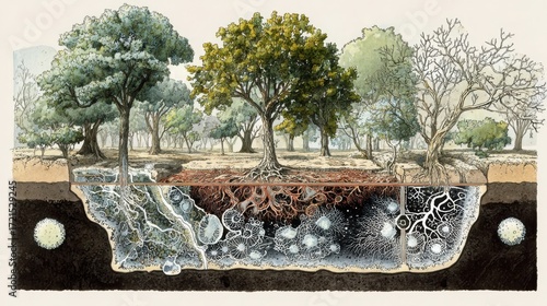 Forest Soil Ecosystem with Tree Roots and Mycorrhizal Fungi Networks