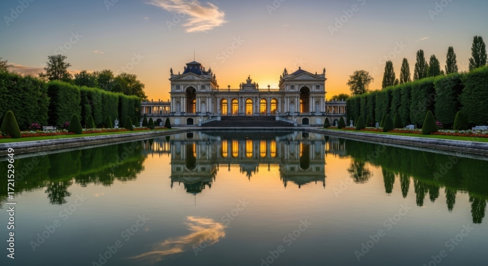 Naklejka premium Elegant Historic Palace with Reflective Water Fountain and Well-maintained Gardens at Sunset