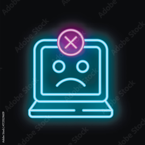 Neon laptop showing error message with sad face on screen on black background