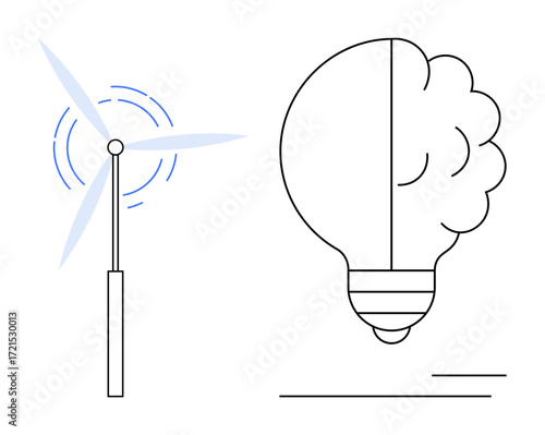 Wind turbine spinning next to a brain-shaped lightbulb, combining sustainability and innovation. Ideal for energy, creativity, innovation, brainstorming, eco-friendly technology, renewable resources